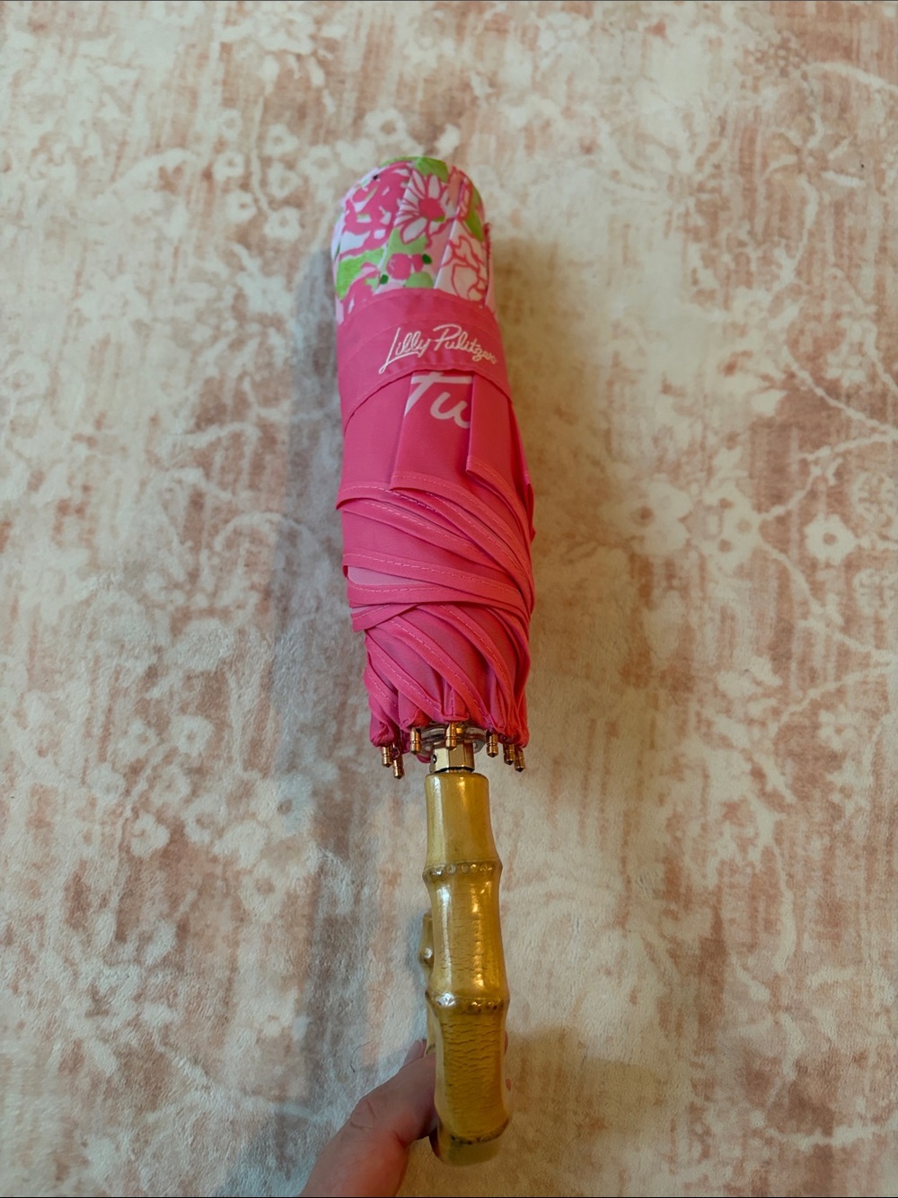 Brand New! - Lilly Pulitzer GWP Pink Travel Umbrella with Bamboo Handle